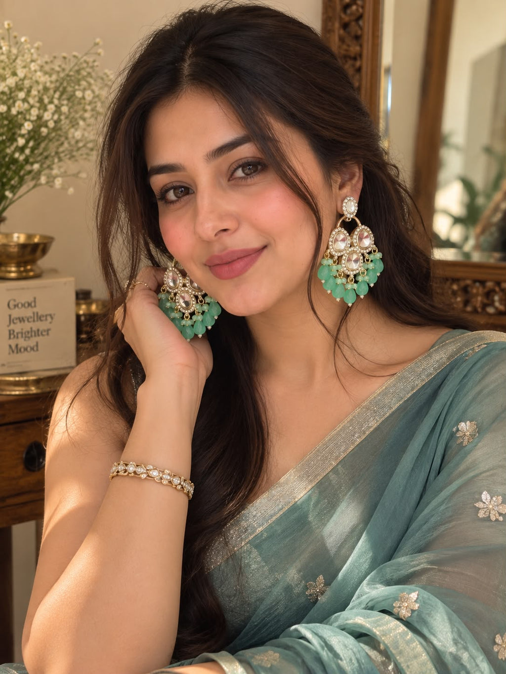 Mint Green Kundan Statement Chandbali Earrings