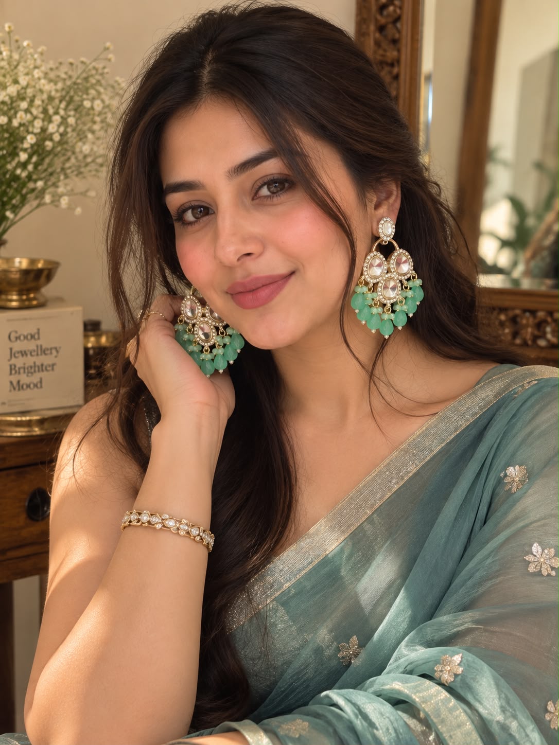 Mint Green Kundan Statement Chandbali Earrings